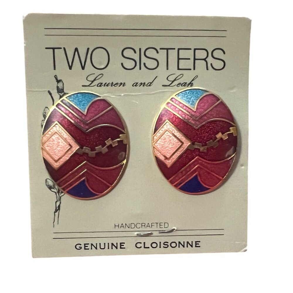 Vintage Two Sisters Hand Crafted Porcelain Earrings Pearlized Shimmer - Picture 2 of 5